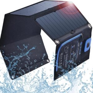 BigBlue SolarPowa 28 solar panel charger, featuring a sleek black design and no ammeter, ideal for outdoor activities, camping, and charging electronic devices using solar power.