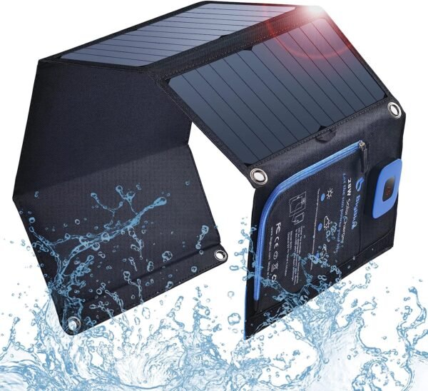 BigBlue SolarPowa 28 solar panel charger, featuring a sleek black design and no ammeter, ideal for outdoor activities, camping, and charging electronic devices using solar power.