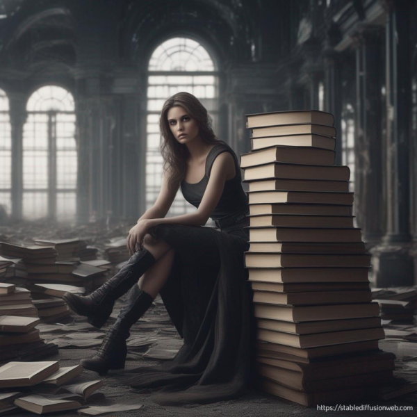 A lone woman sits beside a towering stack of weathered books in an abandoned library, where shafts of dim light penetrate the dusty air, casting eerie shadows across the forgotten shelves and cracked walls.